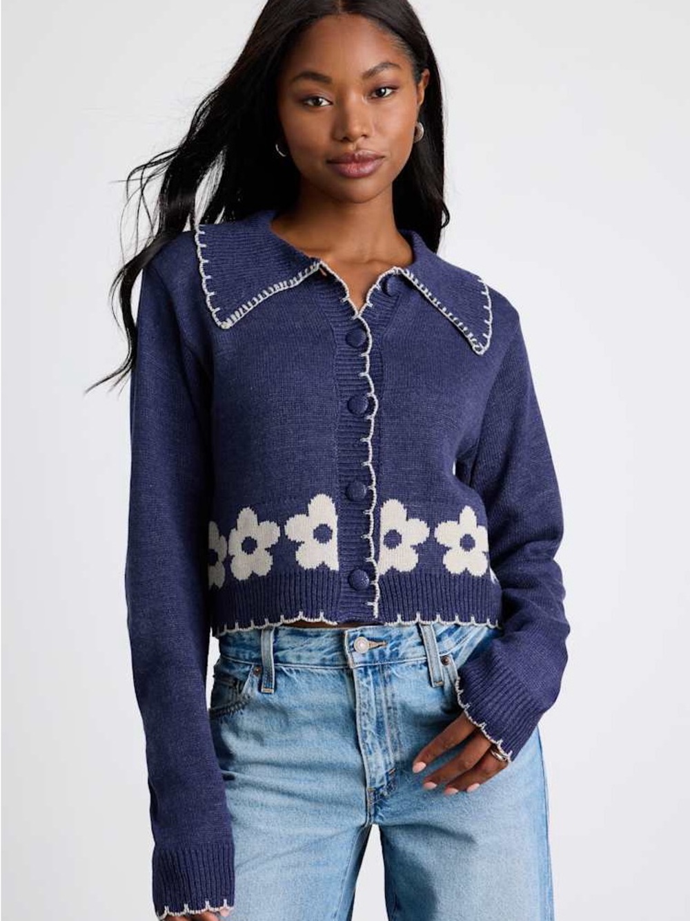 Lulus NWOT Jori Blue Floral Embroidered Button-Up Cardigan